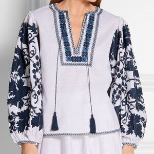 Talitha Salma Embroidered Blouse Medium M White Blue Floral Tassels Boho Top
